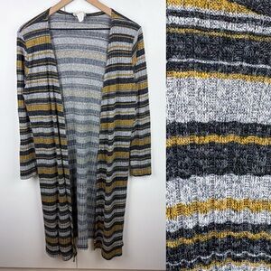 3 FOR $10 Objex Gray Grey Yellow Tan Striped Duster Long Cardigan Sweater Large